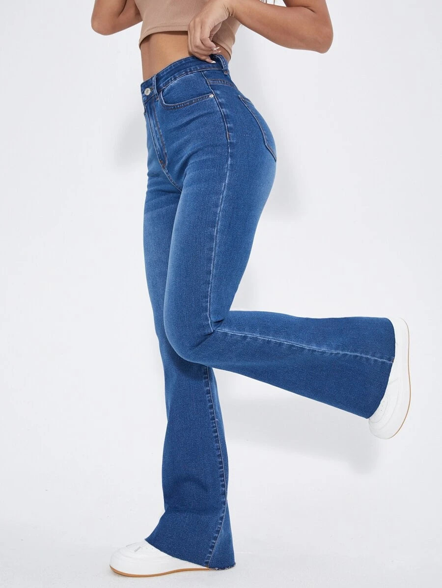 High Waist Patch Detail Raw Cut Flare Leg Jeans – product image 1