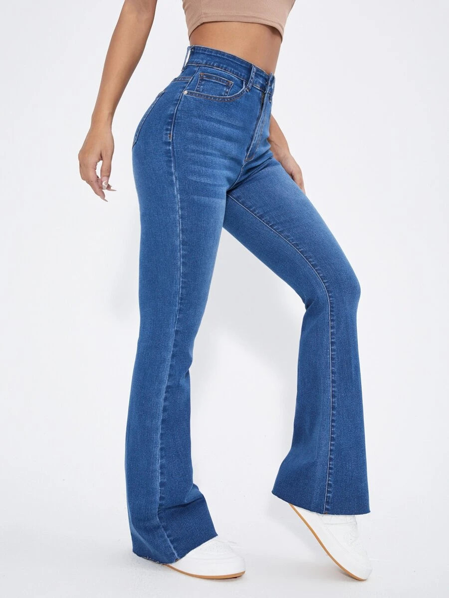 High Waist Patch Detail Raw Cut Flare Leg Jeans – product image 5