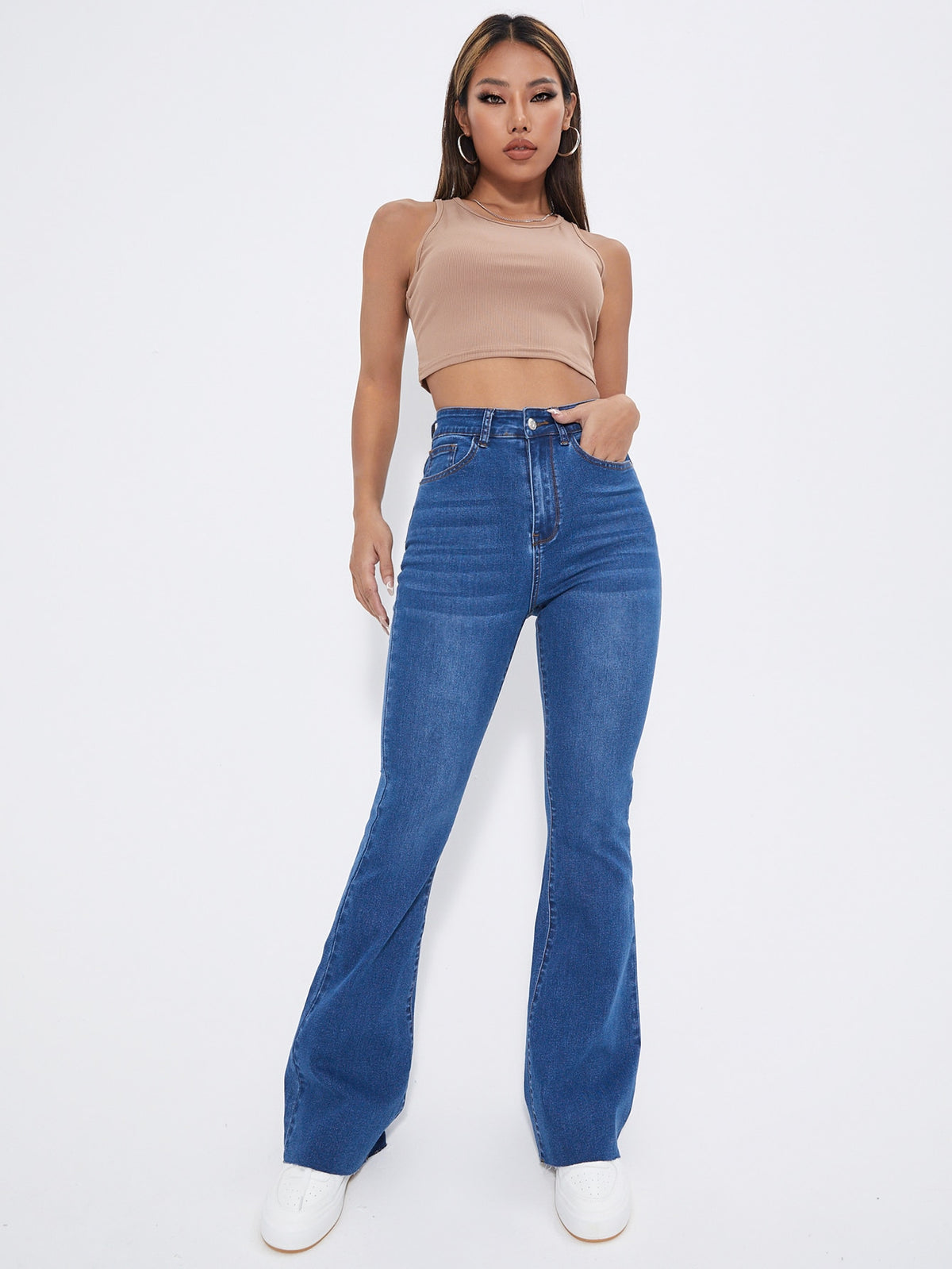 High Waist Patch Detail Raw Cut Flare Leg Jeans – product image 12