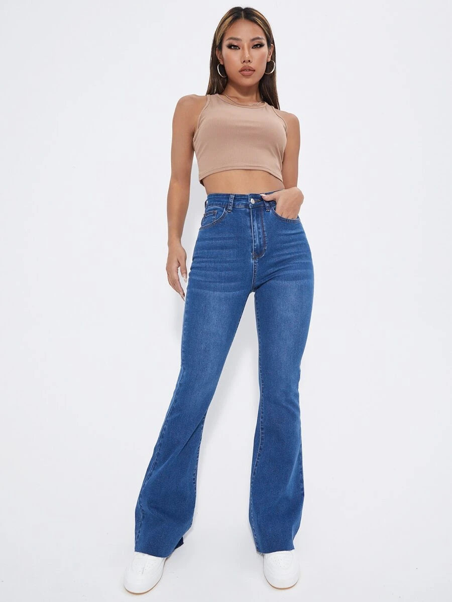 High Waist Patch Detail Raw Cut Flare Leg Jeans – product image 6